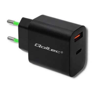 Qoltec 51713 USB - C + USB sieťový adaptér 18W čierna / 5-12V / 1.5 - 3A / USB-C 3.0 / USB 3.0 