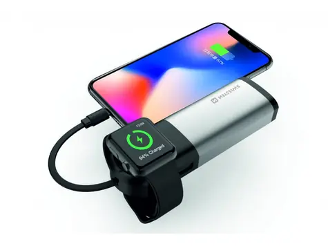 SWISSTEN powerbanka 2v1 6700mAh strieborná / bezdrôtové nabíjanie Apple Watch / 10.5W / USB-A &amp; Lightning