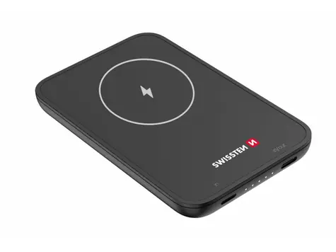 Swissten 22013970 5000 mAh čierna / Power Bank / 12V / 2.22A / MagSafe / USB-C &amp; bezdrôtové nabíjanie