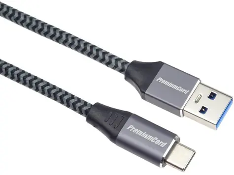 PremiumCord prepojovací kábel USB-C (M) na USB-A (M) 2m šedá / USB-C 3.1 (M) / USB-A 3.0 (M) / 5 Gbps / opletený