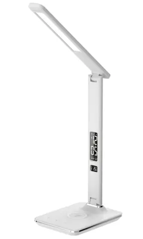 IMMAX LED stolná lampička Kingfisher biela / Qi nabíjanie / 8.5W / 400lm / 12V / 2.5A / 3 farby svetla / sklápacie rameno
