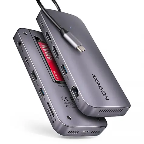 Axagon HMC-12GM2, USB 10Gbps húb, 3x USB-A, USB-C, HDMI a DP 4K/60Hz, RJ-45, M.2, SD/mSD, audio, PD 100W, kábel 50cm