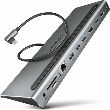 Axagon HMC-4KX3 USB 5Gbps húb, 3x USB-A, 2x HDMI & DP 4K/60Hz, RJ-45 GLAN, SD/mSD, audio, PD 100W, kábel USB-C 40cm