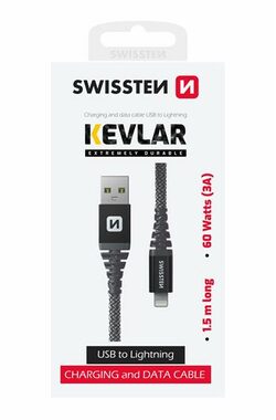 Swissten KEVLAR dátový kábel USB-A - Lightning 1.5m šedá / 60W / 3A / 1x USB-A(M) / 1x Lightning(M)