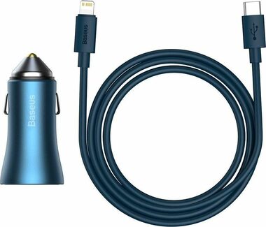 Baseus TZCCJD-03 Golden Contactor Pre nabíjačka do auta modrá / 1x USB-A / 1x USB-C / Kábel USB-C (M) - Lightning (M) 