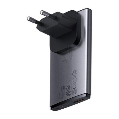 Baseus CCGP150113 GaN5 Rýchlonabíjací adaptér šedá / Ultratenký / 1x USB-C / 1x USB-A / 65W