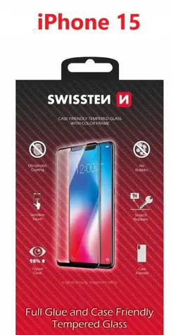 Swissten FULL GLUE COLOR FRAME CASE FRIENDLY sklo pre Apple iPhone 15 čierna