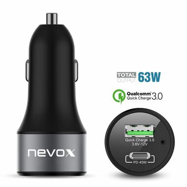 Nevox Kfz Nabíjačka do auta čierna / 1x USB-A / 1x USB-C / 63W