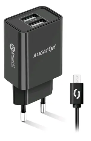 Aligator Múdra sieťová nabíjačka 2.4A microUSB čierna / 2xUSB / SMART IC / microUSB kábel / dopredaj
