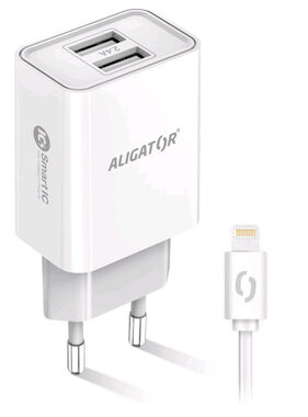 Aligator Múdra sieťová nabíjačka 2.4A Lightning (CHA0045) biela / 2xUSB / SMART IC / Lightning kábel