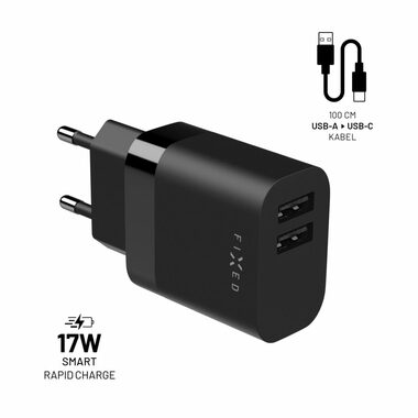 FIXED Set sieťovej nabíjačky s 2xUSB výstupom a USB/USB-C kábla čierna / 17W SMART Rapid Charge