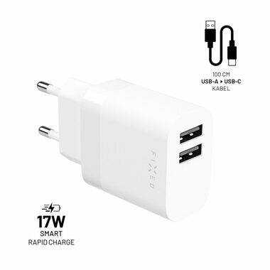 FIXED Set sieťovej nabíjačky s 2xUSB výstupom a USB/USB-C kábla biela / 17W SMART Rapid Charge