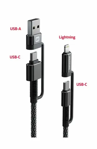 Swissten ARAMID REINFORCED dátový kábel 4v1 USB-C (M) - USB-A (M) - Lightning (M) 1.5m čierna / 60W / 3A 