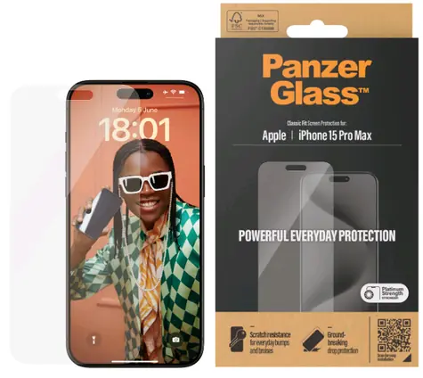 PanzerGlass Classic Fit Ochranné sklo pre Apple iPhone 15 Pro Max / Inštalačný set 