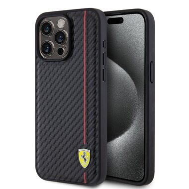 Ferrari PU Leather Carbon Vertical červená Line Zadný Kryt pre Apple iPhone 15 Pro Max čierna