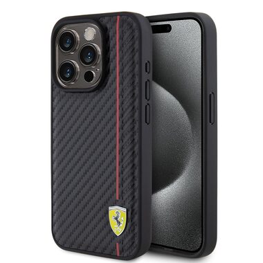Ferrari PU Leather Carbon Vertical červená Line Zadný Kryt pre Apple iPhone 15 Pro čierna