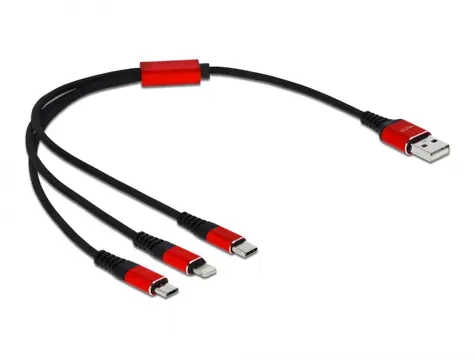 DeLock Napájací kábel USB-A 2.0 (M) - USB Micro-B (M) &amp; USB-C (M) &amp; Lightning (M) 30cm čierna