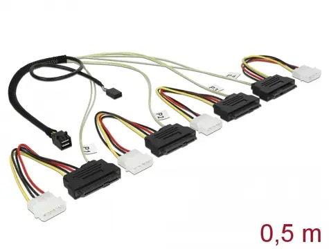 DeLock Kábel mini SAS HD SFF-8643 (M) - 4X SAS SFF-8482 (F) &amp; 4X Molex (M) 0.5m 