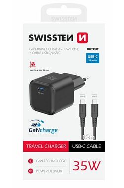 Swissten sieťový adaptér GaN USB-C + dátový kábel USB-C - USB-C 1.2m čierna / 35W / PD