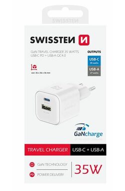 Swissten sieťový adaptér GaN USB-A/USB-C 35W biela / PD / QC