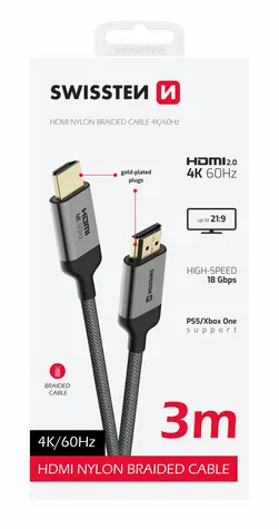 Swissten Kábel HDMI 2.0 (M) - HDMI 2.0 (M) 3M čierna / 18 Gbps / 4K / 60Hz / pozlátené kontakty