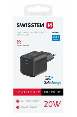 Swissten Sieťový adaptér GaN USB-C 20W čierna / PD