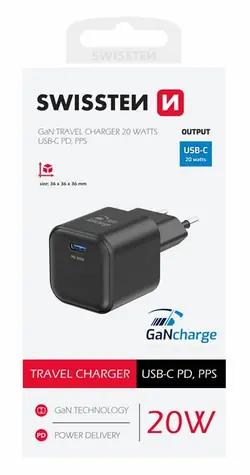 Swissten Sieťový adaptér GaN USB-C 20W čierna / PD