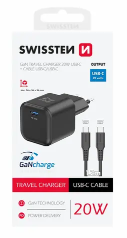 Swissten Sieťový adaptér GaN USB-C + dátový kábel USB-C - USB-C 1.2m čierna / 20W / PD