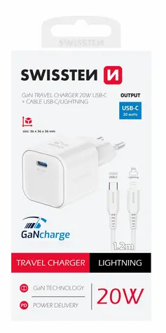Swissten Sieťový adaptér GaN USB-C + dátový kábel USB-C - Lightning 20W 1.2m biela / 20W / PD
