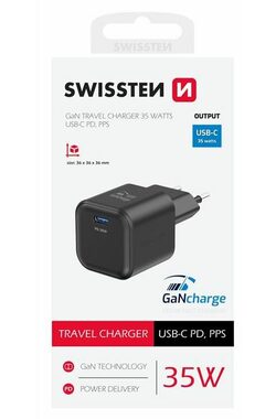 Swissten Sieťový adaptér GaN USB-C 35W čierna / PD