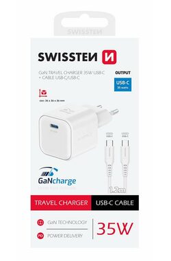 Swissten Sieťový adaptér GaN USB-C + dátový kábel USB-C - USB-C 35W 1.2m biela / 35W / PD