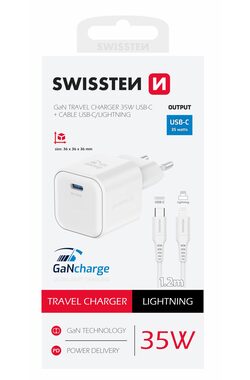 Swissten Sieťový adaptér GaN USB-C + dátový kábel USB-C - Lightning 35W 1.2m biela / 35W / PD