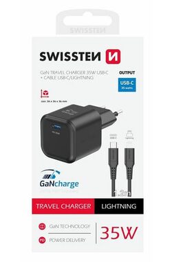 Swissten Sieťový adaptér GaN USB-C + dátový kábel USB-C - Lightning 1.2m čierna / 35W / PD