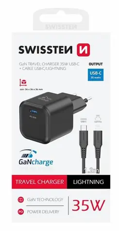 Swissten Sieťový adaptér GaN USB-C + dátový kábel USB-C - Lightning 1.2m čierna / 35W / PD