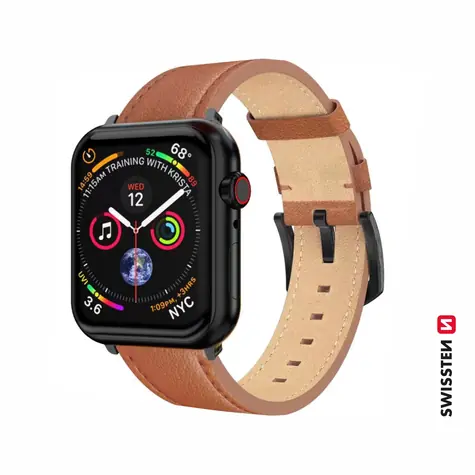 Swissten Kožený remienok pre Apple Watch 42/44/45/49mm hnedá / čierna spona a čierne pútko