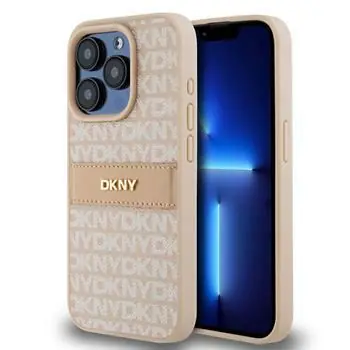 DKNY PU Leather Repeat Pattern Tonal Stripe Zadný Kryt pre Apple iPhone 15 Pro ružová
