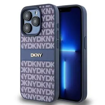DKNY PU Leather Repeat Pattern Tonal Stripe Zadný Kryt pre Apple iPhone 15 Pro modrá