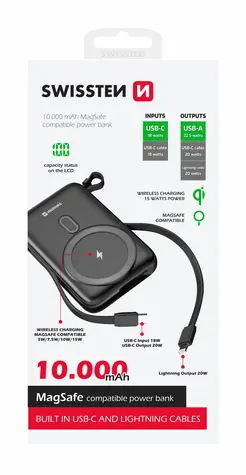 Swissten 22013933 POWER BANK 10000 mAh čierna / Power Bank / 22.5W / USB-C & USB & Lightning / Qi