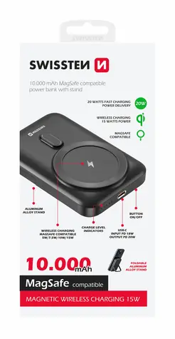 Swissten 22013974 POWER BANK 10000 mAh čierna / Power Bank / 20W / USB-C / Qi