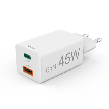 HAMA GaN USB nabíjačka 45W biela / USB-C / USB / PD / QC / 45W