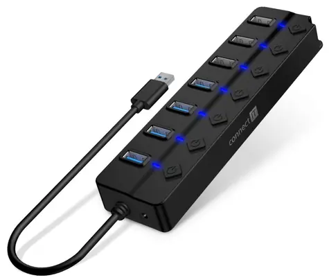 Connect IT Mighty Switch 2 čierna / USB Hub / 4X USB-A 3.0 / 3x USB-A 2.0