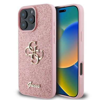 Guess PU FIXED Glitter 4G Metal Logo Zadný Kryt pre Apple iPhone 16 Pre ružová