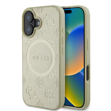 Guess Saffiano Peón Stamp MagSafe Zadný Kryt pre Apple iPhone 16 zlatá