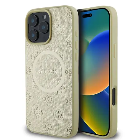 Guess Saffiano Peón Stamp MagSafe Zadný Kryt pre Apple iPhone 16 Pre Max zlatá