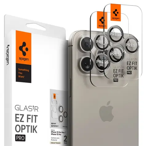 Spigen Glass tR EZ Fit Optik Pro Ochranné sklá šošoviek fotoaparátov pre Apple iPhone 15 Pro/15 Pro Max prírodný Titan 2ks