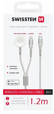 Swissten Magnetický kábel pre Apple Watch a Lightning 1.2m biela / USB-C / 2v1 / 60W / opletený