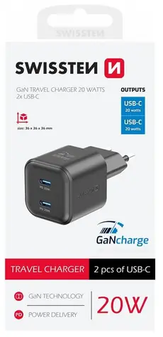 Swissten Sieťový adaptér GaN 2x USB-C 20W čierna / PD