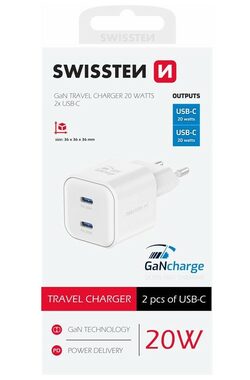 Swissten Sieťový adaptér GaN 2x USB-C 20W biela / PD