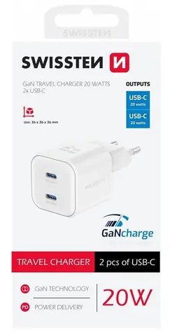 Swissten Sieťový adaptér GaN 2x USB-C 20W biela / PD