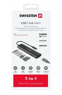 Swissten USB-C HUB 7-IN-1 / USB-C PD / USB 3.0 / 2x USB 2.0 / HDMI / SD / MicroSD / hliník
